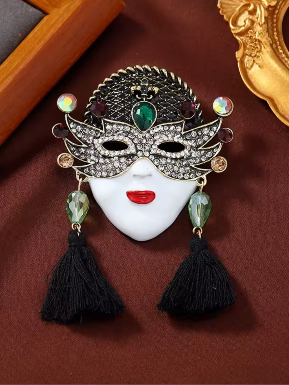 Anthropologie Crystal Masquerade Mask Brooch in White, Black, Red & Green